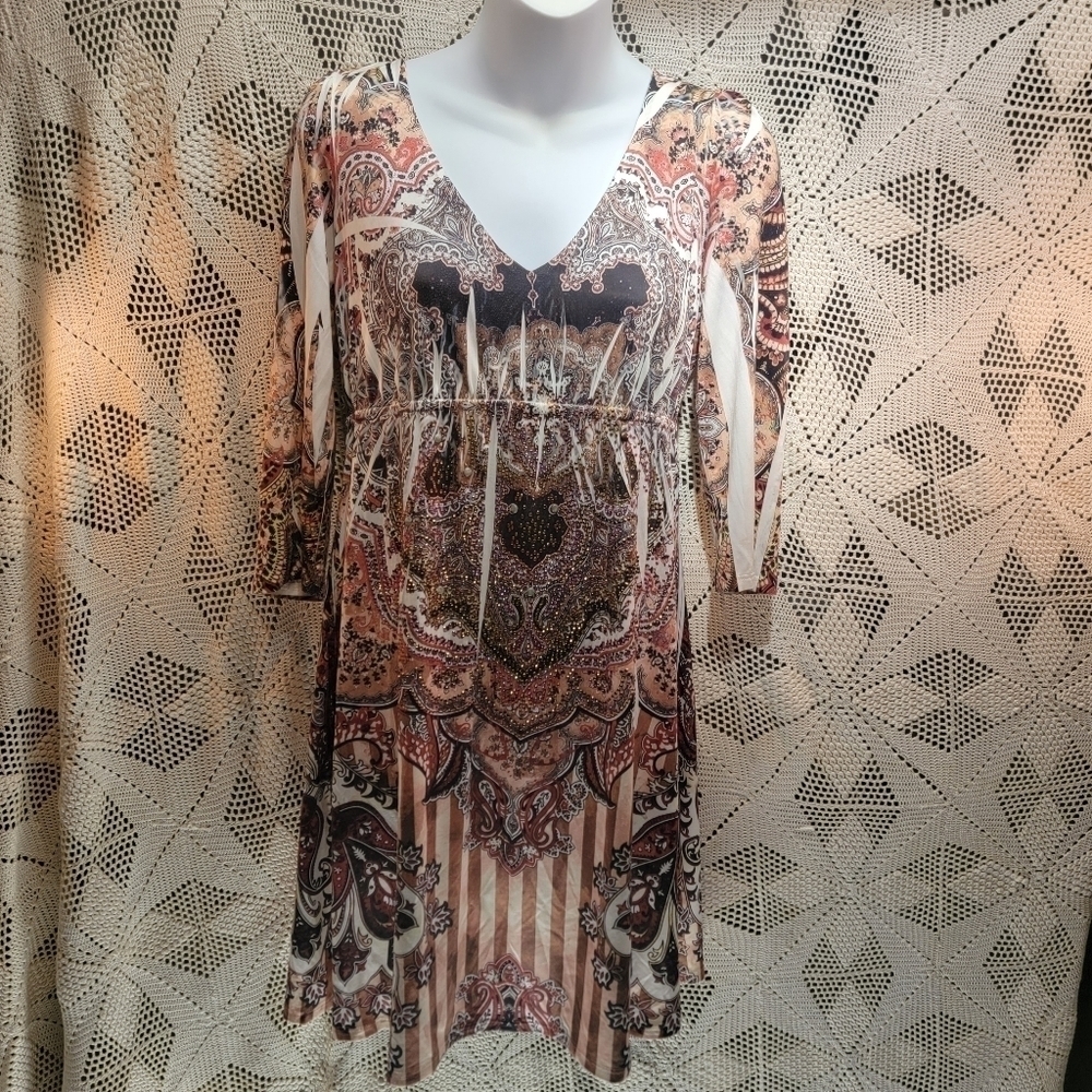 Women’s S-Twelve Dress, Embellished Crystals, Printed, 3/4 Sleeve, Size Large